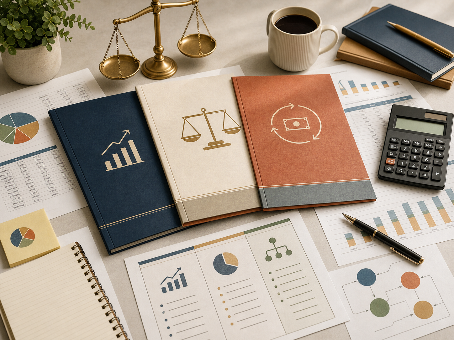 Generated visual showing financial statement books, charts, and calculators